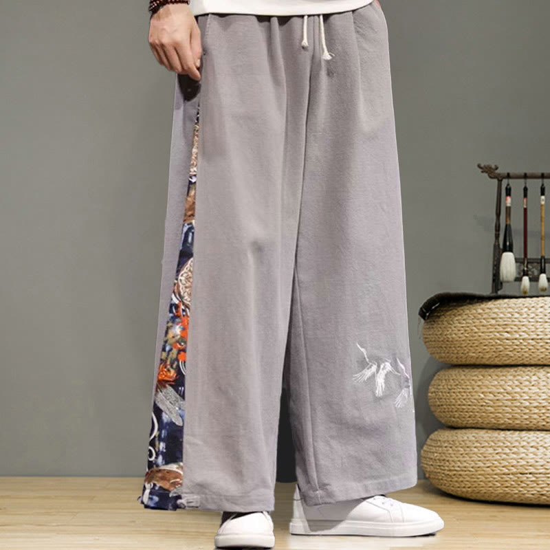 Buddha Stones Crane Embroidery Drawstring Men's Cotton Linen Wide Leg Pants With Pockets