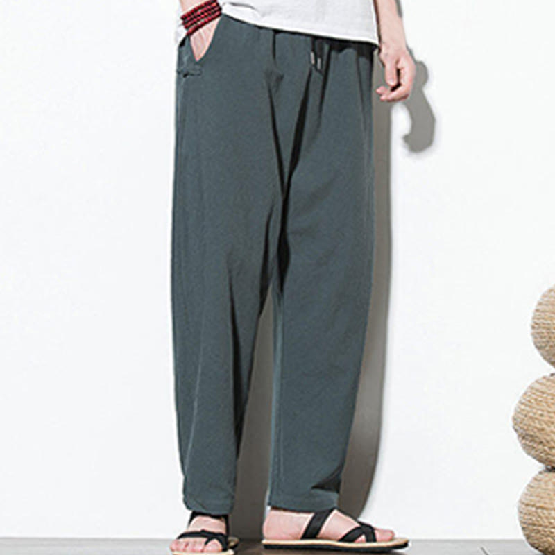 Buddha Stones Summer Side Frog-Button Design Men's Cotton Linen Pants With Pockets