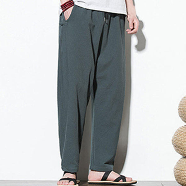 Buddha Stones Summer Side Frog-Button Design Men's Cotton Linen Pants With Pockets