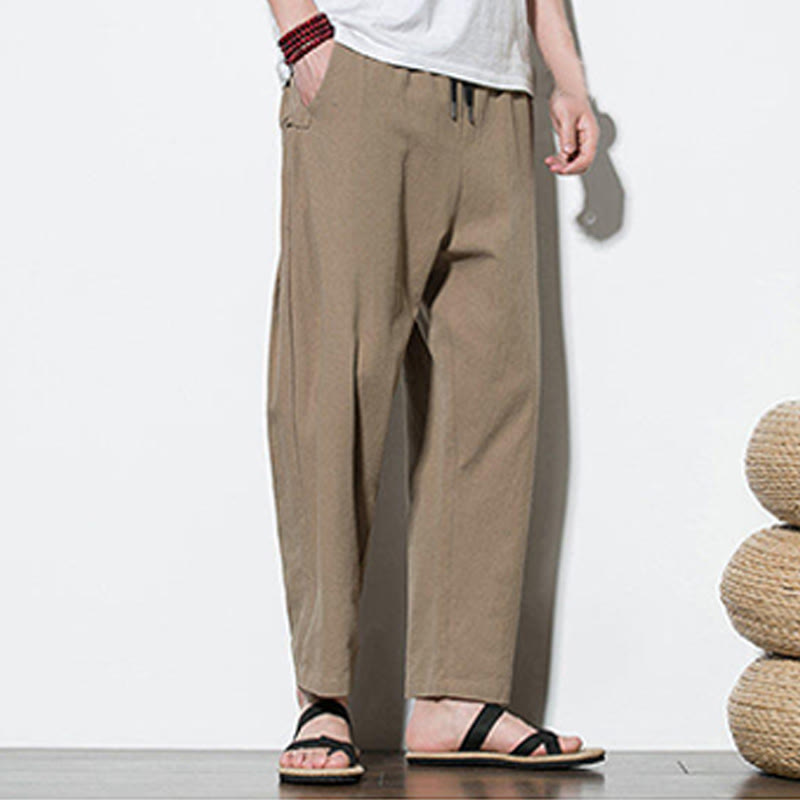 Buddha Stones Summer Side Frog-Button Design Men's Cotton Linen Pants With Pockets