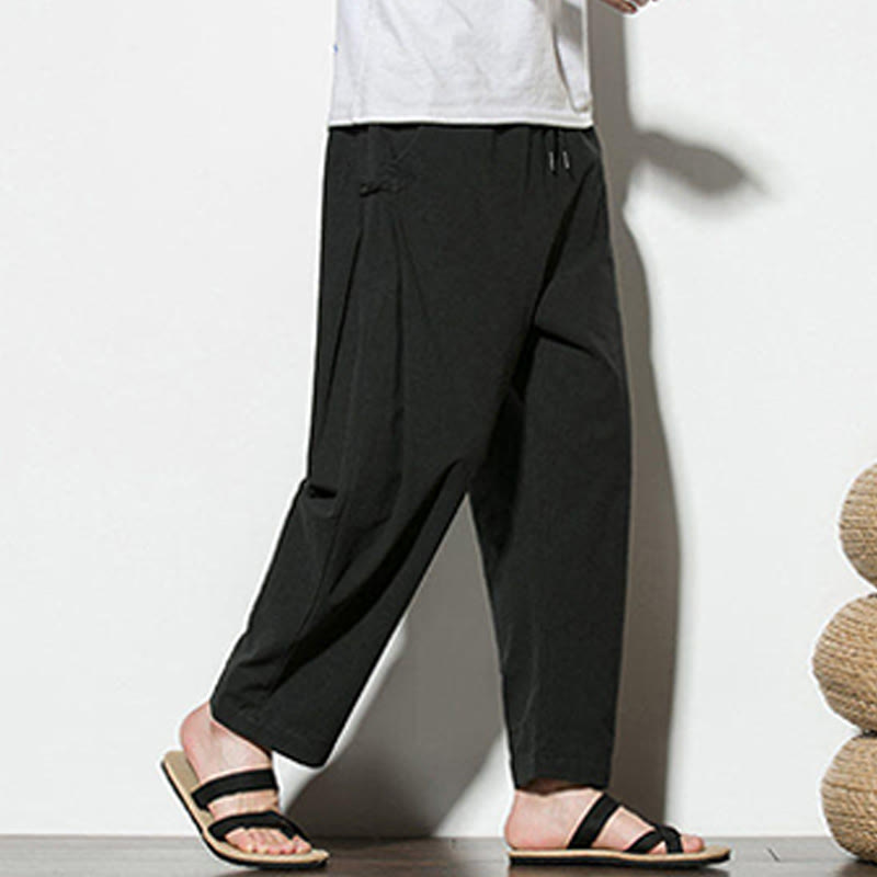 Buddha Stones Summer Side Frog-Button Design Men's Cotton Linen Pants With Pockets