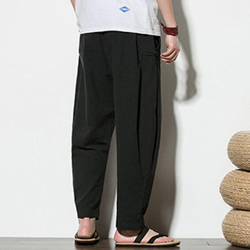 Buddha Stones Summer Side Frog-Button Design Men's Cotton Linen Pants With Pockets