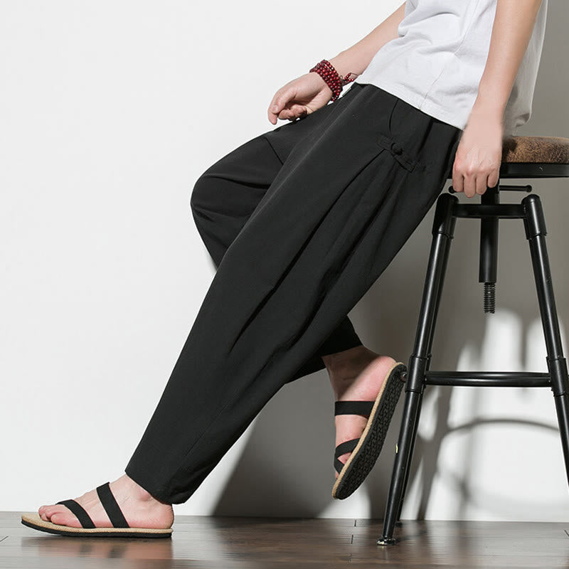 Buddha Stones Summer Side Frog-Button Design Men's Cotton Linen Pants With Pockets