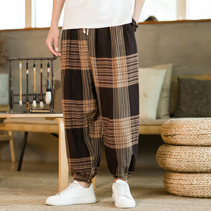 Buddha Stones Summer Checkered Stripes Cotton Linen Men's Harem Pants With Pockets