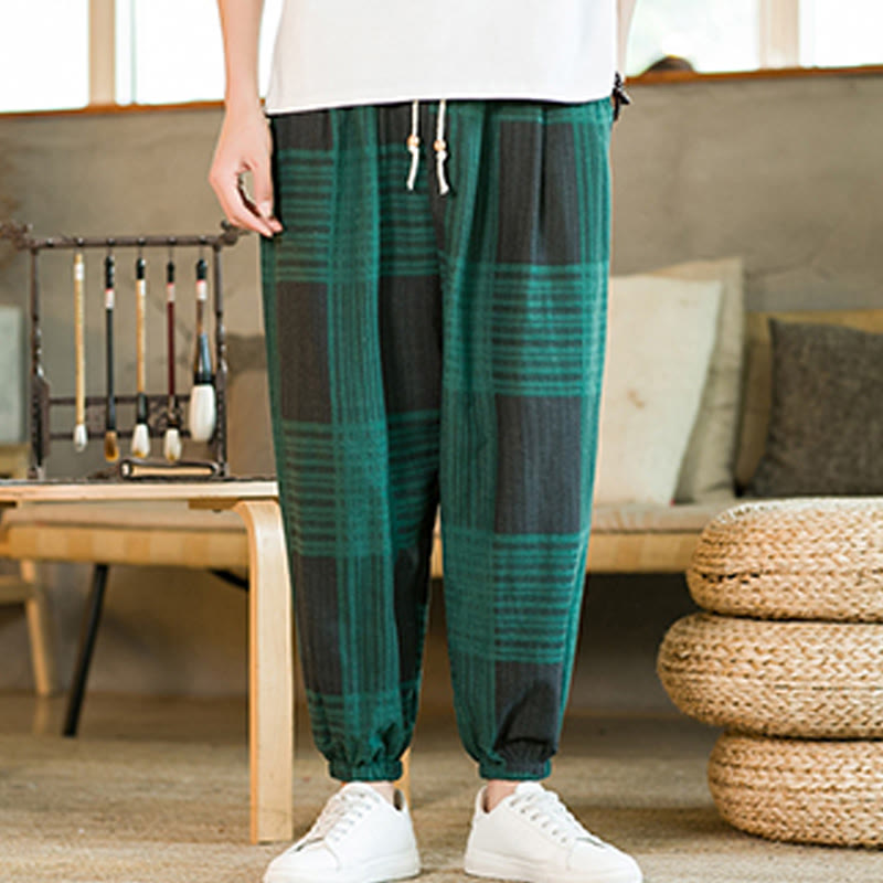 Buddha Stones Summer Checkered Stripes Cotton Linen Men's Harem Pants With Pockets