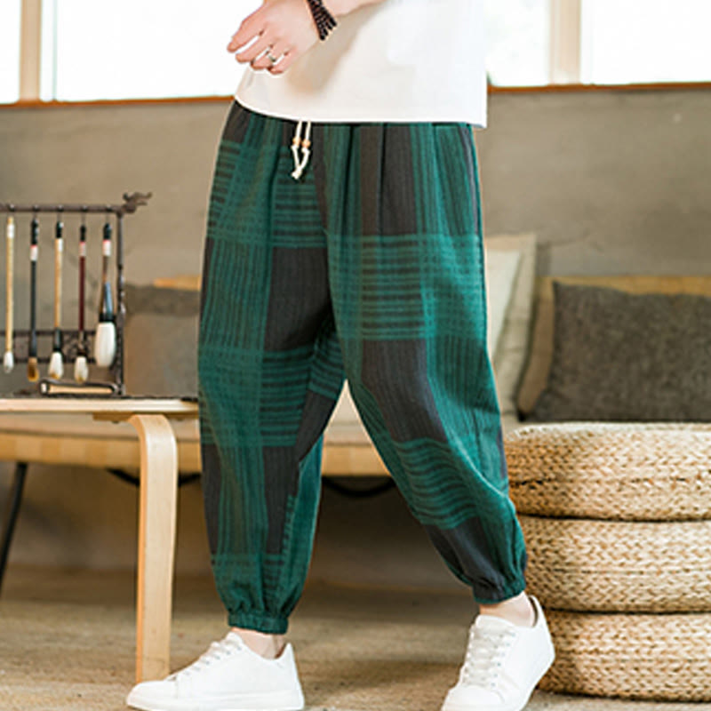 Buddha Stones Summer Checkered Stripes Cotton Linen Men's Harem Pants With Pockets