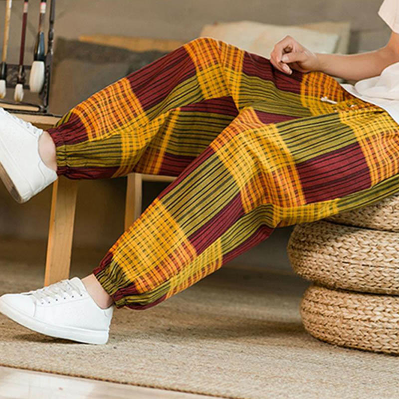 Buddha Stones Summer Checkered Stripes Cotton Linen Men's Harem Pants With Pockets