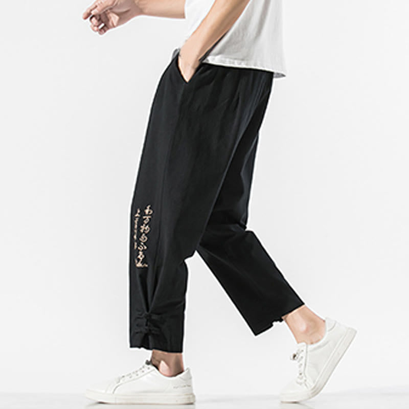 Buddha Stones Summer Chinese Characters Embroidery Men's Cotton Linen Pants With Pockets