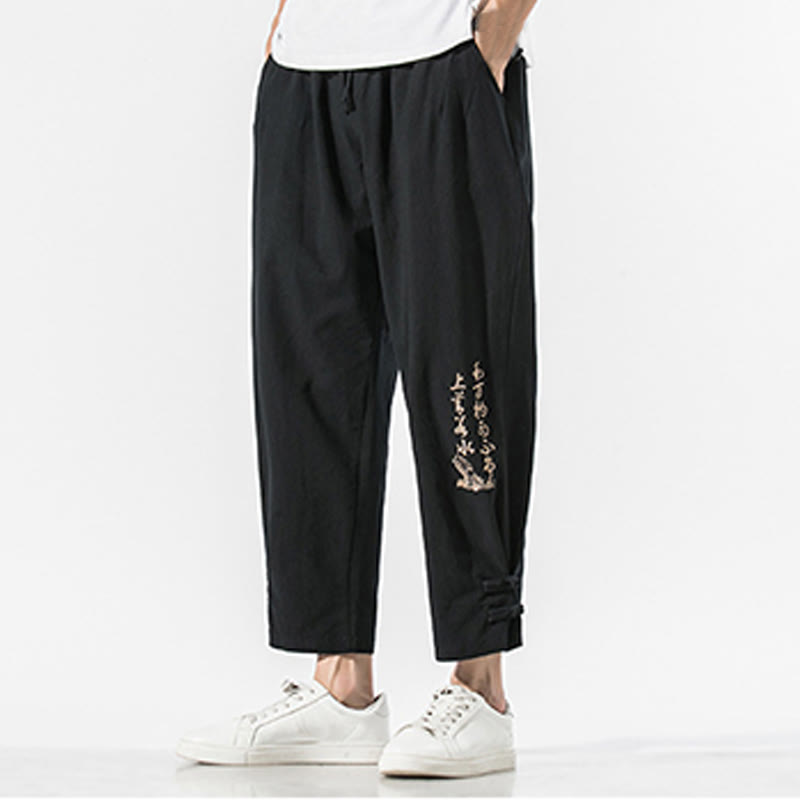 Buddha Stones Summer Chinese Characters Embroidery Men's Cotton Linen Pants With Pockets
