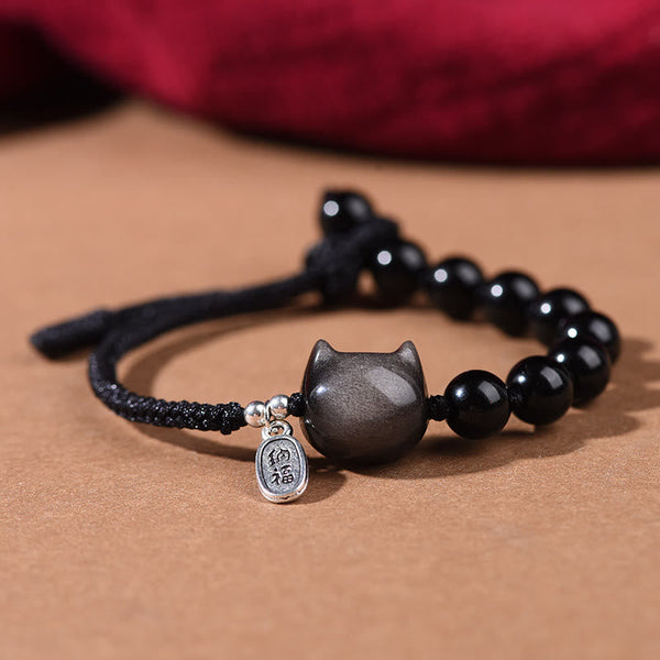 FREE Today: Soothing Strength Black Obsidian Silver Sheen Obsidian Cute Cat Dancing Lion Bracelet