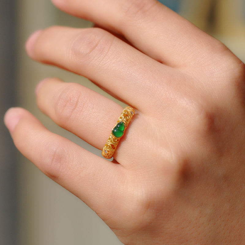 Buddha Stones Vintage Gourd Green Chalcedony Copper Alloy Wealth Ring