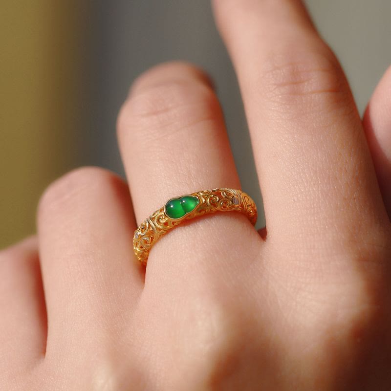 Buddha Stones Vintage Gourd Green Chalcedony Copper Alloy Wealth Ring