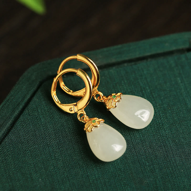 Buddha Stones Green Chalcedony Water Drop Strength Copper Posts Earrings
