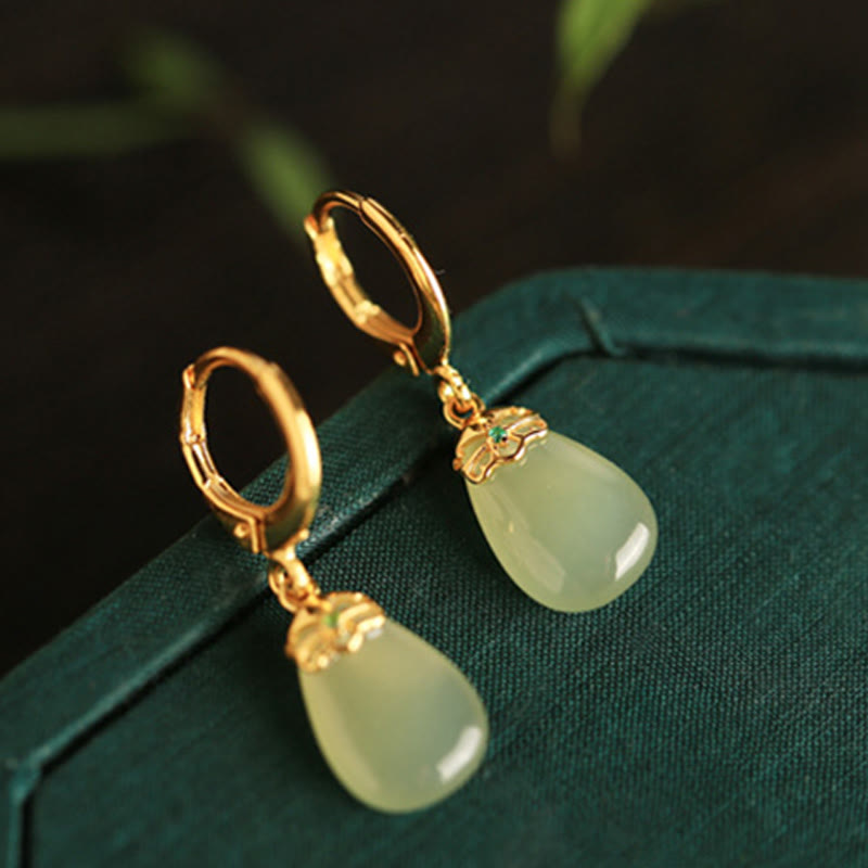 Buddha Stones Green Chalcedony Water Drop Strength Copper Posts Earrings