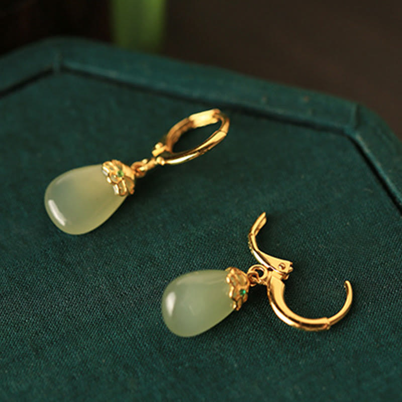 Buddha Stones Green Chalcedony Water Drop Strength Copper Posts Earrings