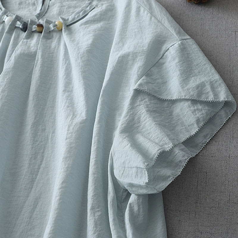 Buddha Stones Beads Crew Neck Design Cotton Short Sleeve Women's Shirt