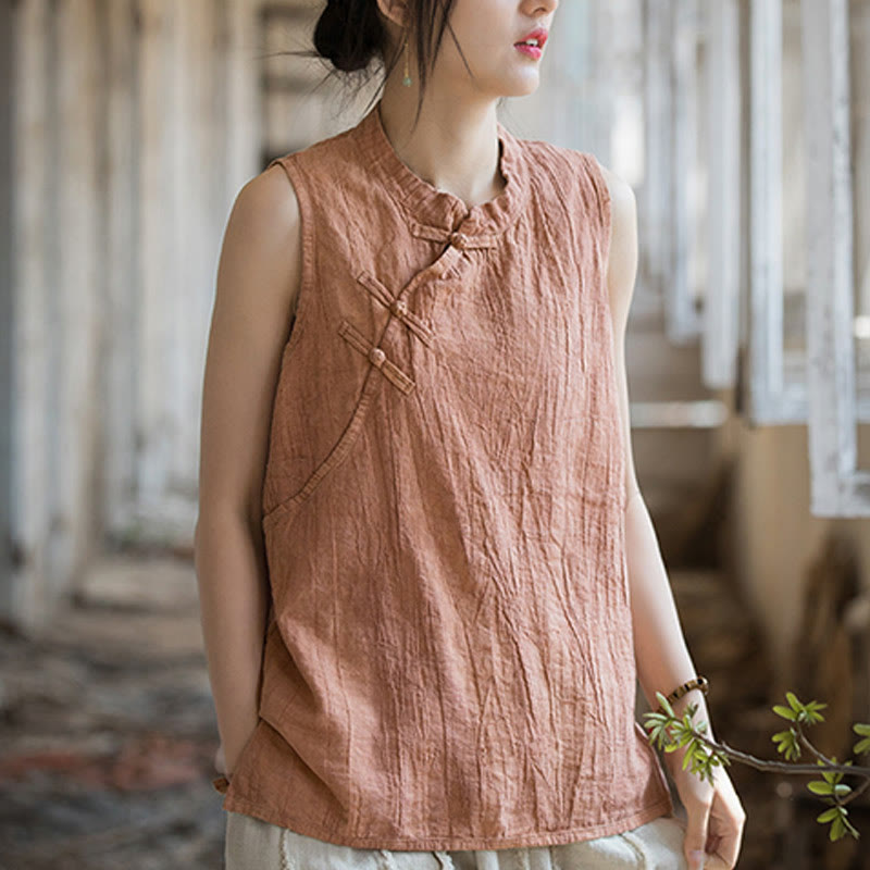 Buddha Stones Summer Tie-dye Frog-Button Ramie Cotton Sleeveless Women's Vest