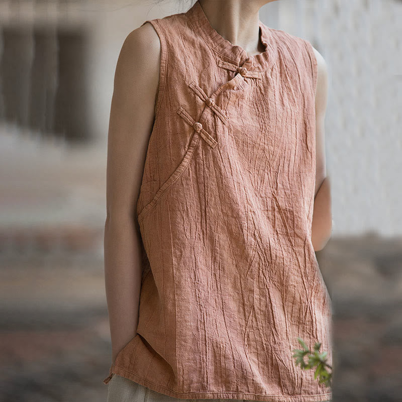 Buddha Stones Summer Tie-dye Frog-Button Ramie Cotton Sleeveless Women's Vest