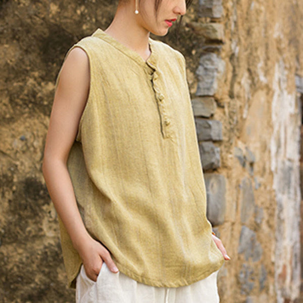 Buddha Stones Summer Tie-dye Buttons Linen Sleeveless Women's Vest