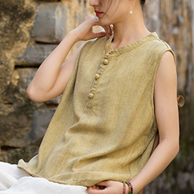 Buddha Stones Summer Tie-dye Buttons Linen Sleeveless Women's Vest