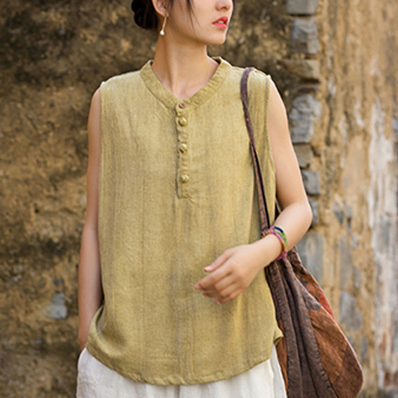 Buddha Stones Summer Tie-dye Buttons Linen Sleeveless Women's Vest