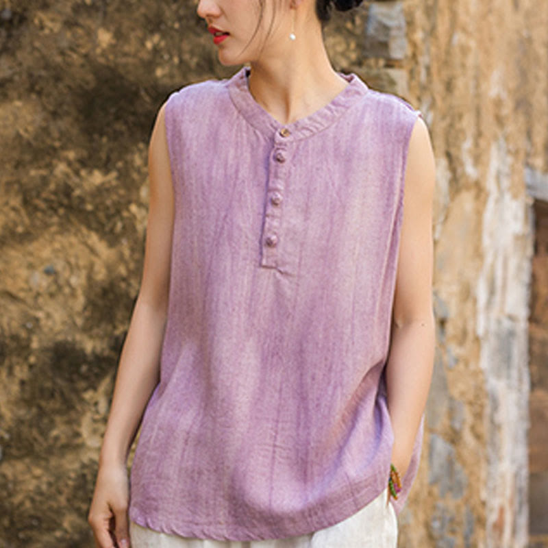 Buddha Stones Summer Tie-dye Buttons Linen Sleeveless Women's Vest