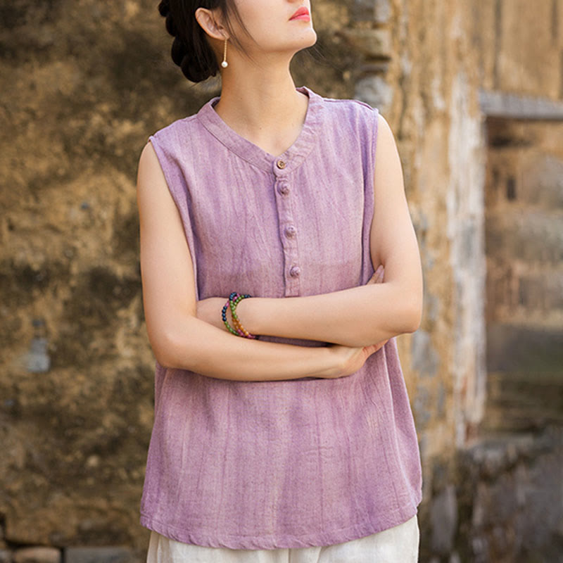 Buddha Stones Summer Tie-dye Buttons Linen Sleeveless Women's Vest
