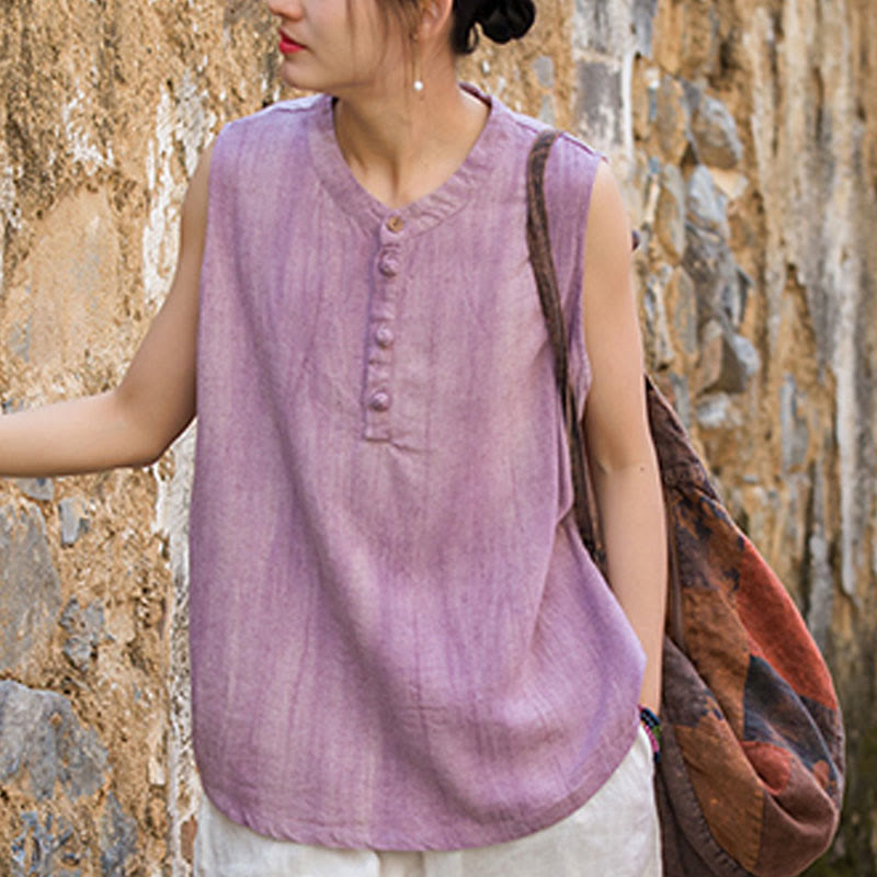 Buddha Stones Summer Tie-dye Buttons Linen Sleeveless Women's Vest