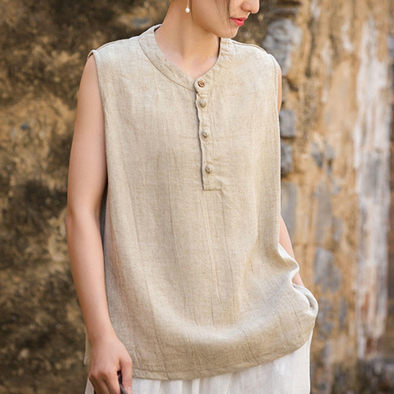 Buddha Stones Summer Tie-dye Buttons Linen Sleeveless Women's Vest