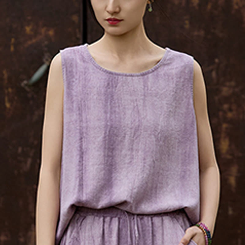 Buddha Stones Summer Tie-dye Linen Crew Neck Sleeveless Women's Vest