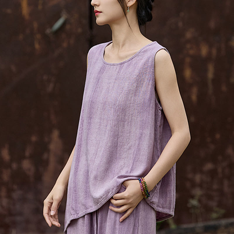 Buddha Stones Summer Tie-dye Linen Crew Neck Sleeveless Women's Vest