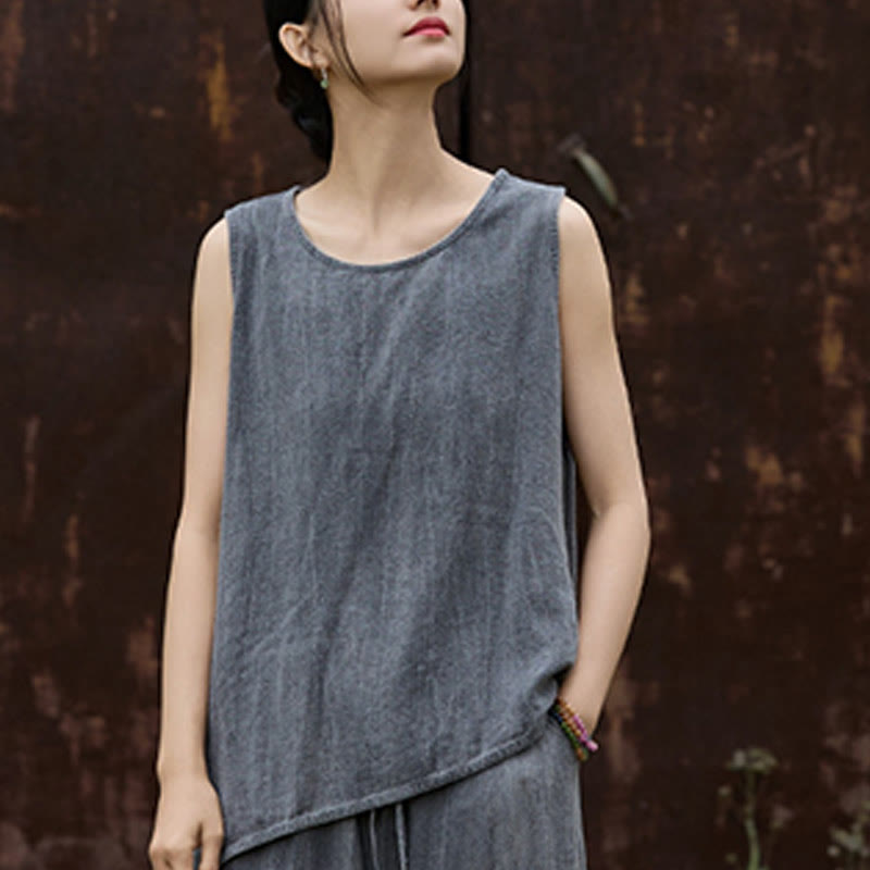 Buddha Stones Summer Tie-dye Linen Crew Neck Sleeveless Women's Vest