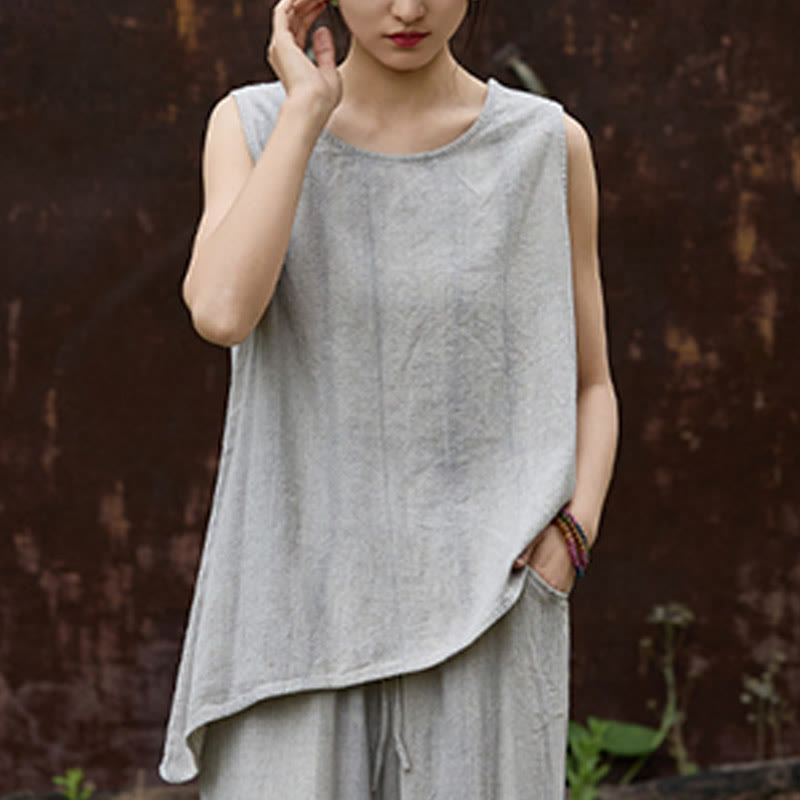 Buddha Stones Summer Tie-dye Linen Crew Neck Sleeveless Women's Vest