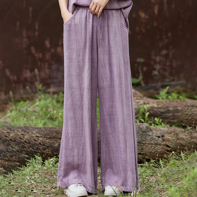 Buddha Stones Casual Tie-Dye Women's Linen Wide Leg Pants With Pockets