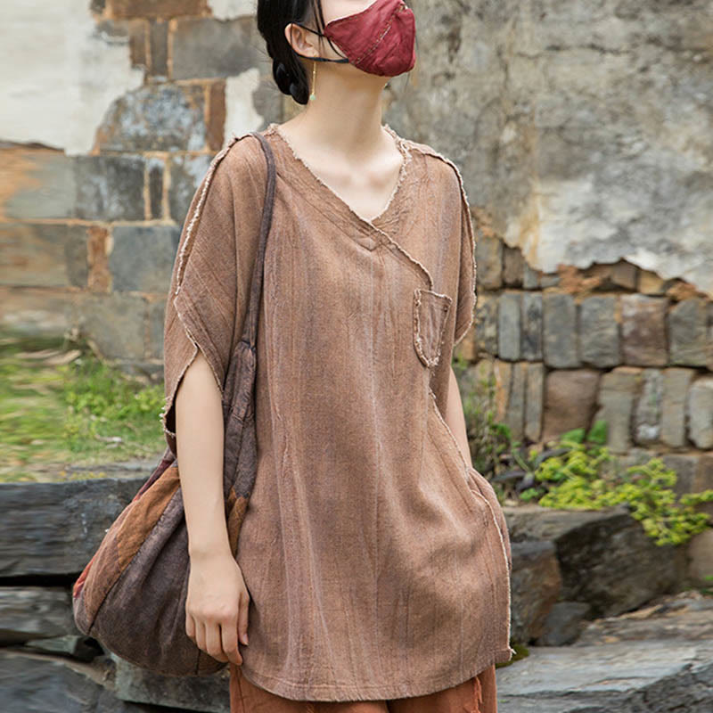 Buddha Stones Summer Tie-dye Linen V-Neck Short Sleeve Women's T-shirts