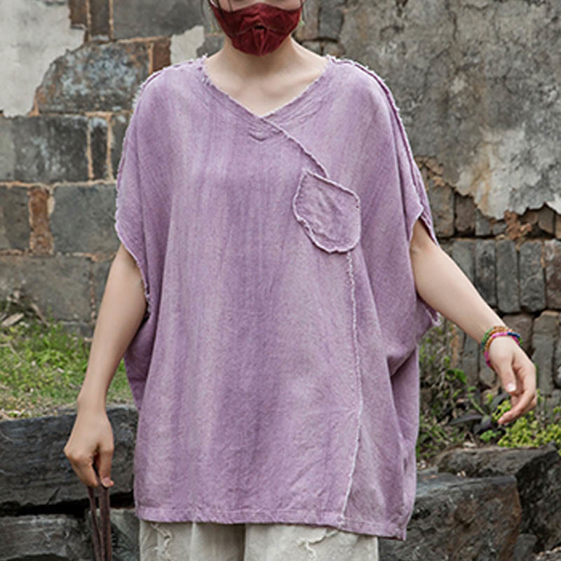 Buddha Stones Summer Tie-dye Linen V-Neck Short Sleeve Women's T-shirts