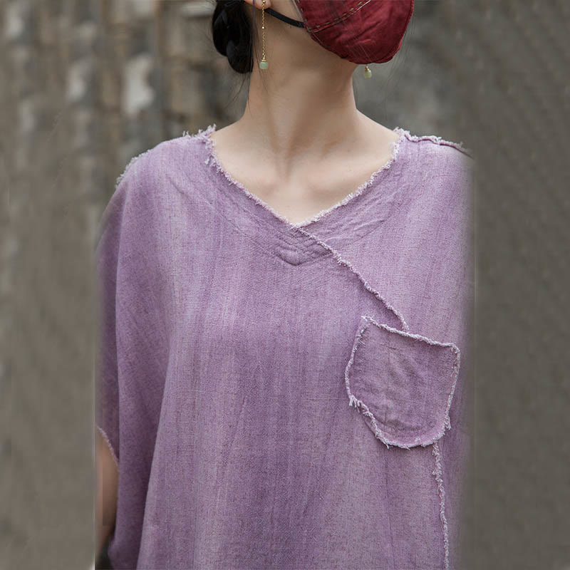 Buddha Stones Summer Tie-dye Linen V-Neck Short Sleeve Women's T-shirts