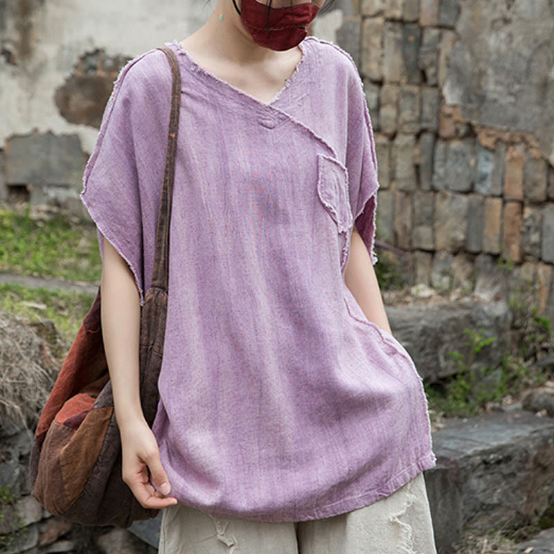 Buddha Stones Summer Tie-dye Linen V-Neck Short Sleeve Women's T-shirts