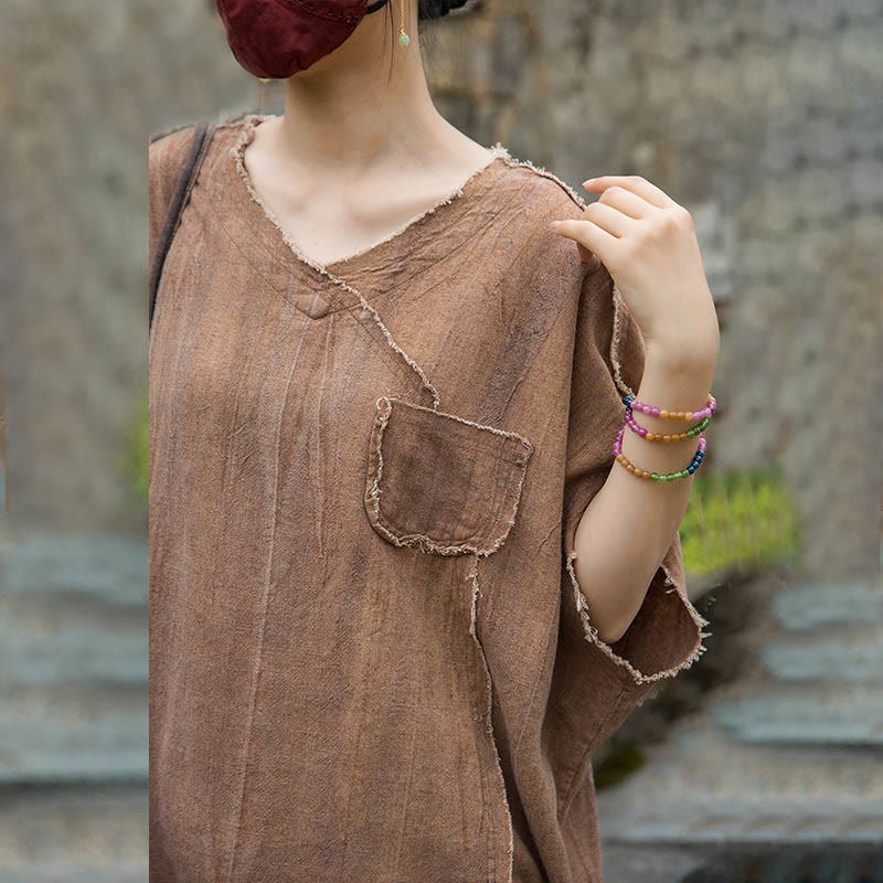 Buddha Stones Summer Tie-dye Linen V-Neck Short Sleeve Women's T-shirts