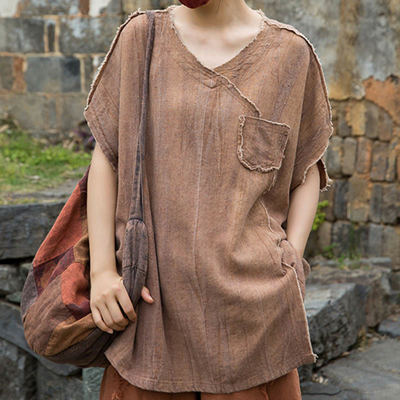 Buddha Stones Summer Tie-dye Linen V-Neck Short Sleeve Women's T-shirts