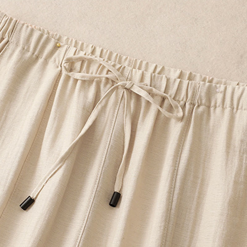 Buddha Stones Summer Drawstring Design Women's Wide Leg Pants With Pockets