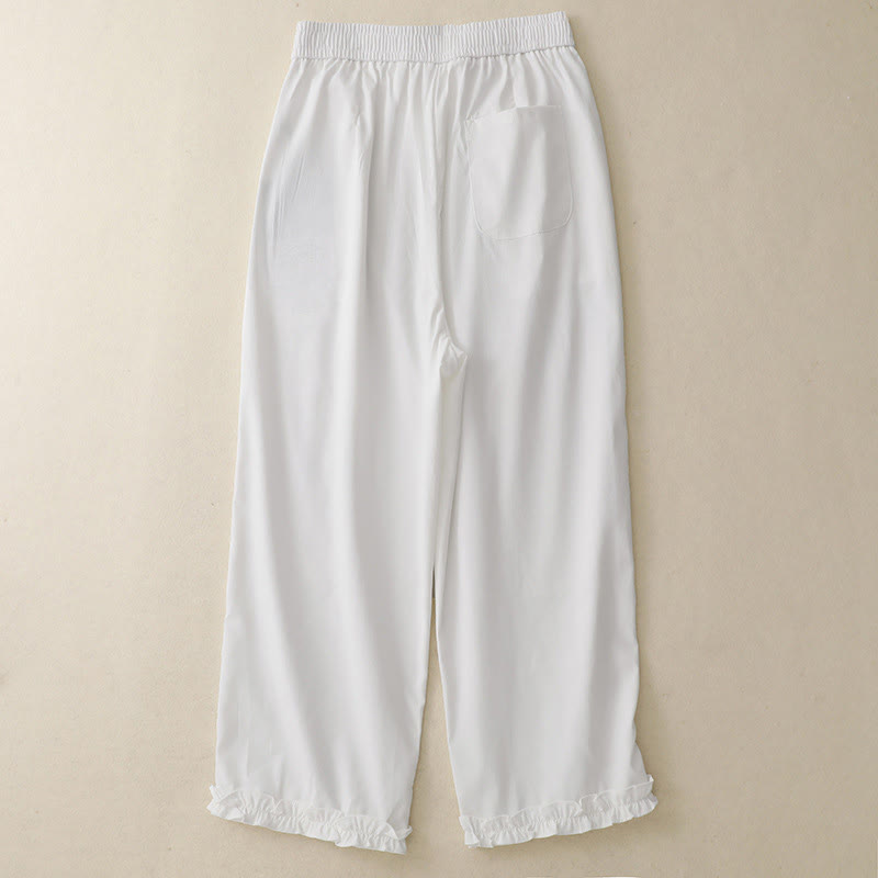 Buddha Stones Summer Button Ruffled Ankle-Length Women's Pants With Pockets