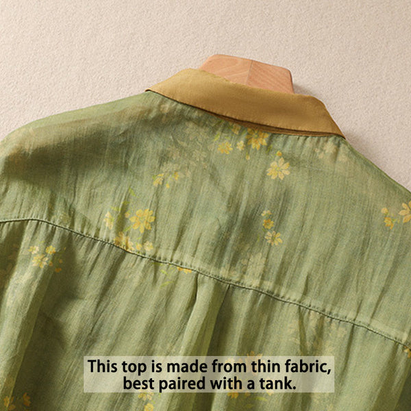 Buddha Stones Small Yellow Flower Leaves Buttons Short Sleeve Women's Shirt