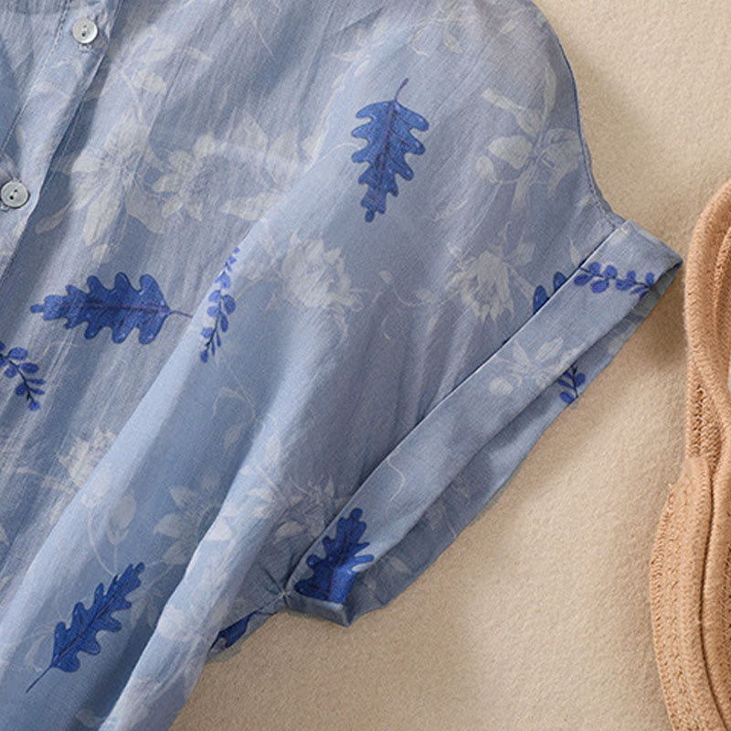 Buddha Stones Small Yellow Flower Leaves Buttons Short Sleeve Women's Shirt