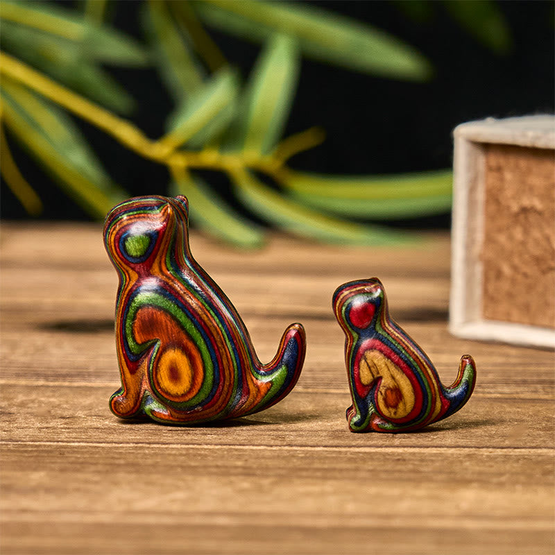 Buddha Stones 2Pcs Mini Rainbow Eucalyptus Sitting Cat Carved Reduce Stress Decoration