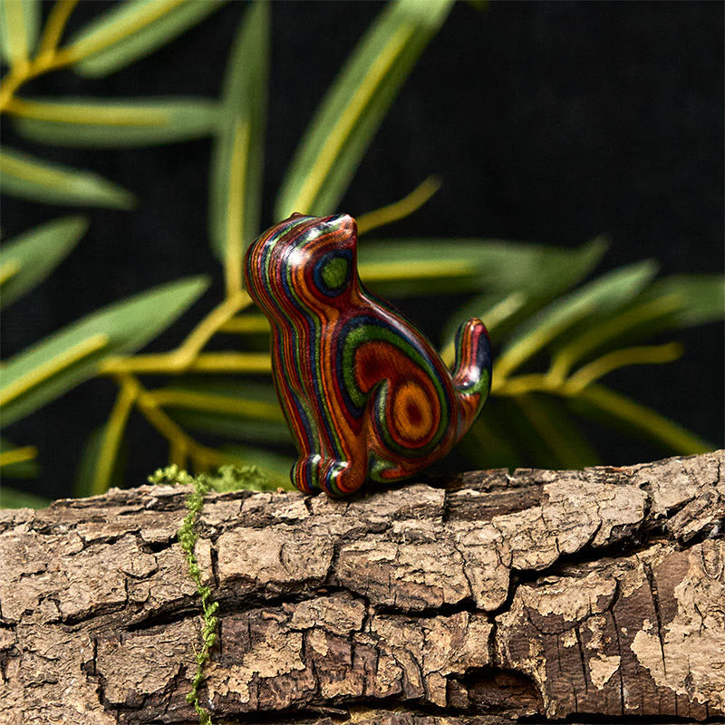 Buddha Stones 2Pcs Mini Rainbow Eucalyptus Sitting Cat Carved Reduce Stress Decoration