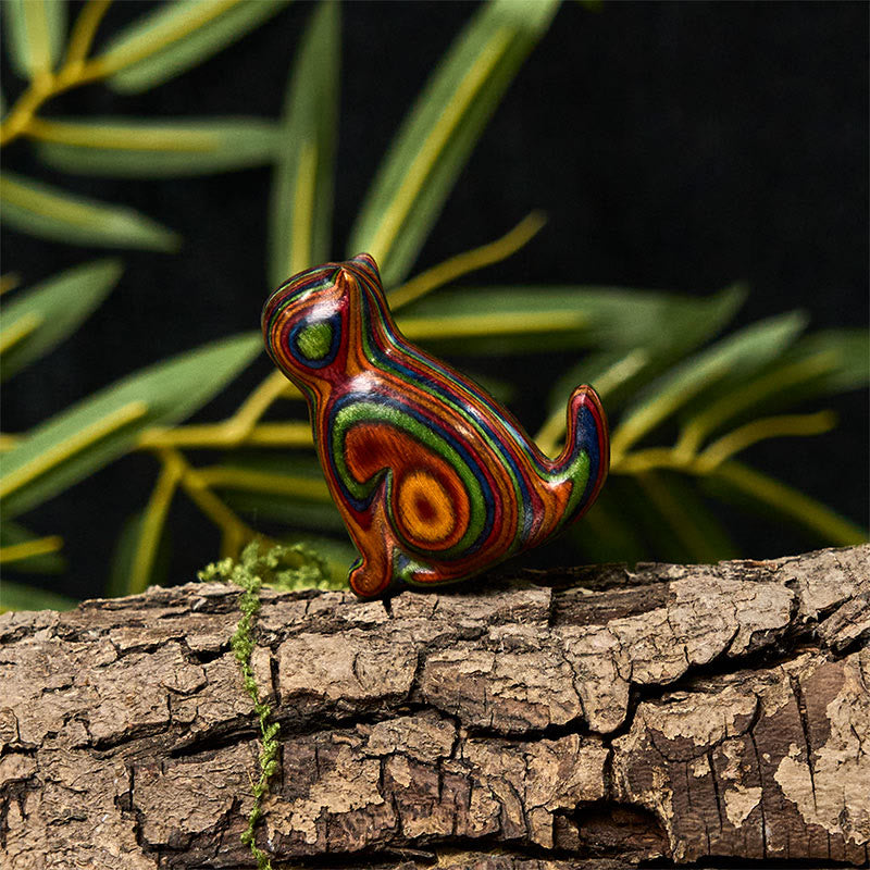 Buddha Stones 2Pcs Mini Rainbow Eucalyptus Sitting Cat Carved Reduce Stress Decoration