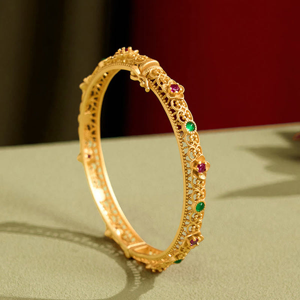 Buddha Stones Hollow Design Copper Plated Gold Flower Luck Bracelet Bangle