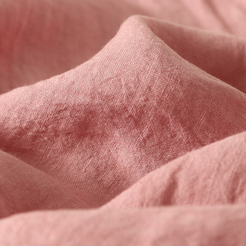 Buddha Stones Summer Plain Red Buttons Short Sleeve Women's Cotton Linen Shirt