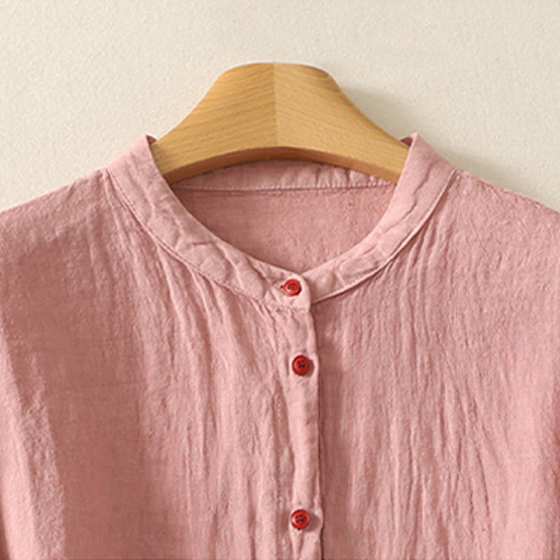 Buddha Stones Summer Plain Red Buttons Short Sleeve Women's Cotton Linen Shirt